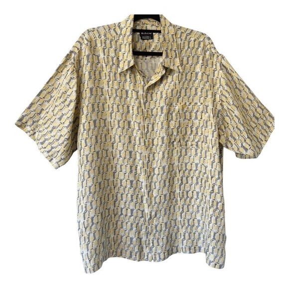 Kaid Mens Short Sleeve 100% Silk Yellow Gray Button Down Shirt Size Extra Large - Picture 1 of 8